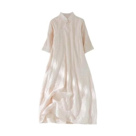 PRINCESS BRIDE abito da cheongsam con maniche a 3/4 con stampa in lino estivo, abito vintage slim fit con spacco laterale a03, bianco sporco, xl
