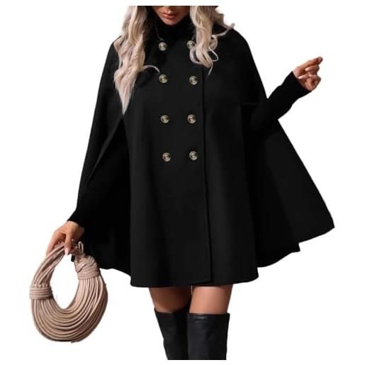 Suncadmious cappotto da donna con mantello con bottoni e colletto con risvolto poncho doppiopetto da donna con tasche (nero, m)
