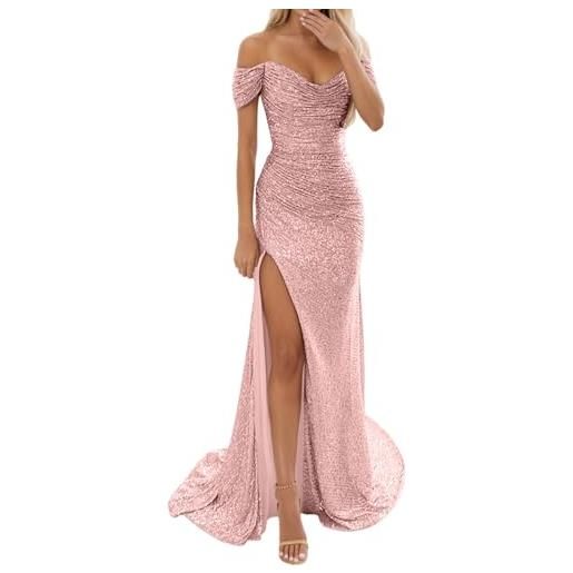 Duohropke abito da sera donna lungo, glitzer, pailletten, abito da ballo, senza spalle, vita alta, abito a tunica, sexy, con spacco laterale, maxi abito, elegante, scollo a v, abito da cocktail, abito