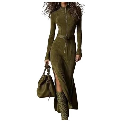 Generic abito lungo da donna in pelle scamosciata occidentale autunnale a maniche lunghe con cerniera aderente aderente abiti con colletto rialzato e spacco laterale maxi abito, verde militare, s