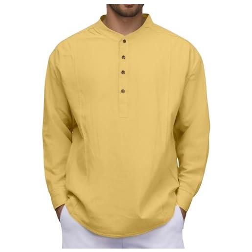 lozssnigzi camicia lino uomo, a maniche lunghe, collo coreano, con bottoni, slim fit henley shirt leggera estiva casual magliette da spiaggia t-shirt tinta unita elegante