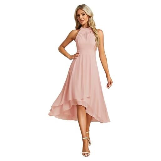 Ever-Pretty abito cerimonia donna spalle scoperte pieghe high low senza maniche chiffon al ginocchio abito da ospite orlo irregolare comodo rosa 56