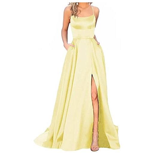 dinavian abito da sposa in raso di seta con spalline sottili maxi abiti da ballo d'onore, giallo, 46