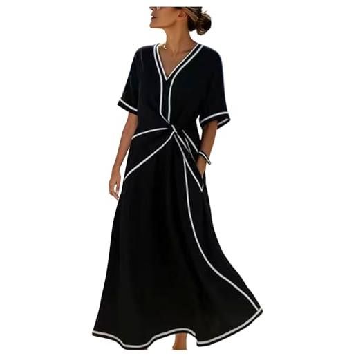 HAOLEI abito lino donna estivo lungo maniche lunghe casual abito camicia lino maxi elegante vestiti estivi cotone spiaggia mare boho con tasche per la primavera e l'estate confortevole e traspirante