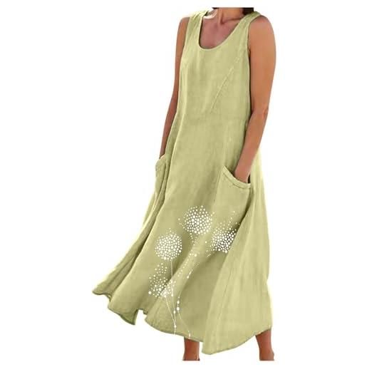 HAOLEI abito da donna lungo in cotone e lino caftano allentato a maniche corte abito casual oversize elegante girocollo maxi abito largo con tasche boho abiti al ginocchio vintage essentials dress