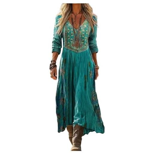 Generico vestito lungo donna estivo lino e cotone boho chic abito maxi vintage scollo a v manica 3/4 etnico con tasche per mare spiaggia vacanza taglie forti comodo elegante moda 2026