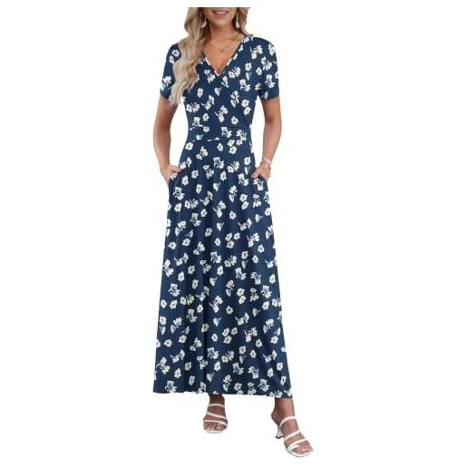 AUSELILY vestito lungo donna elegante scollo a v manica corta vita alta | design con scollo a v, vita alta definita, comode tasche, vestibilità fluida, tessuto morbido, fresco ed elastico