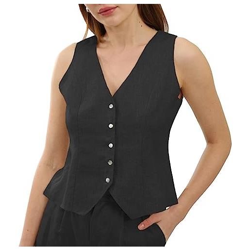 Amazhiyu gilet da donna in lino, senza maniche, con scollo a v, corto, con bottoni, vestibilità aderente, cinghie regolabili