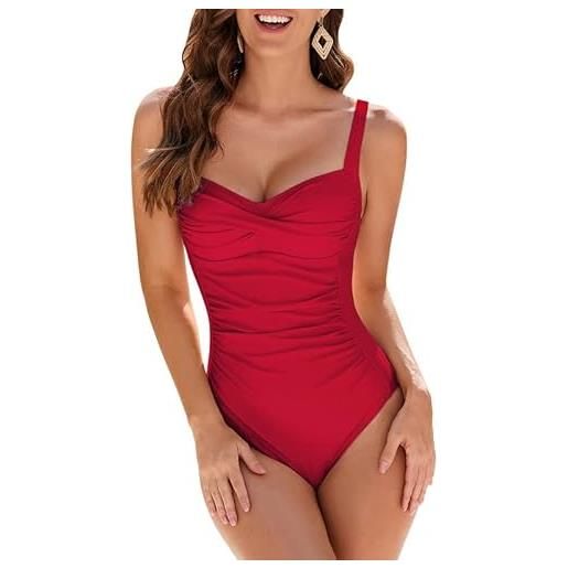 WIN.MAX costume intero donna, costume intero con controllo della pancia, costume da bagno taglie forti per donna monokini push-up vintage, per coppe da c a dd (rosso brillante, it42)