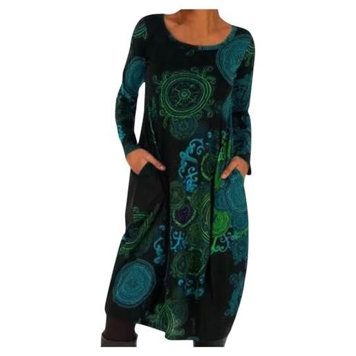 Kobilee vestito donna invernale girocollo con tasche in stile etnico abito lungo manica lunga caldo vestiti donna a trapezio al ginocchio vintage cerimonia autunno e inverno