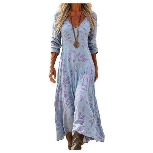 Mfhmom vestito donna lungo boho chic elegante scollo a v stampa vintage etnica abito casual manica 3/4 per vacanza mare cerimonia party cocktail tunica svasata confortevole