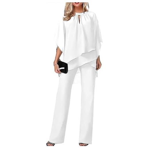 Suncadmious completi da 2 pezzi da donna abiti eleganti per un matrimonio set di pantaloni a gamba larga in chiffon irregolare formale per la festa serale (bianco, xl)