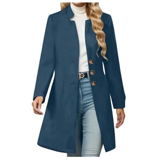 Generisch cappotto da donna in pelle scamosciata con colletto alto - elegante cappotto per le mezze stagioni con bottoni asimmetrici | cappotto corto sciancrato per l'autunno, stil_j02 blu, xl