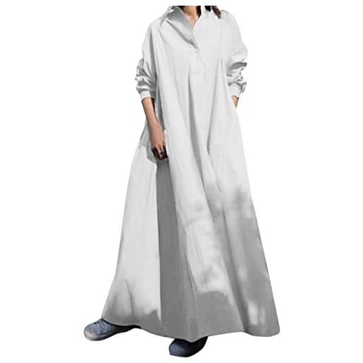 BOTCAM abito da donna in cotone a maniche lunghe, maxi abito in lino con tasche, scollo a v, pieghevole, a strati, stile boho, casual, casual, stile retrò, caftano, largo, oversize, largo, comodo, z-2