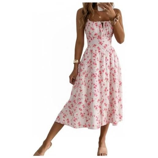 Cicy Bell abito estivo da donna, con motivo floreale, senza maniche, con spalline, bianco, rosa, l