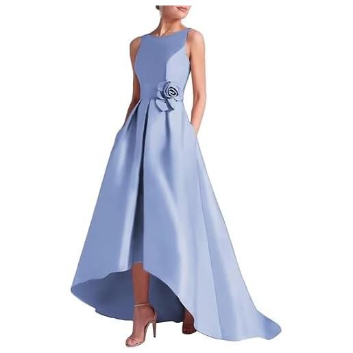 Generico abiti da ballo in satin abito lungo con fiori 3d e tasche abiti da sera asimmetrici con schiena scoperta blu polveroso xxl