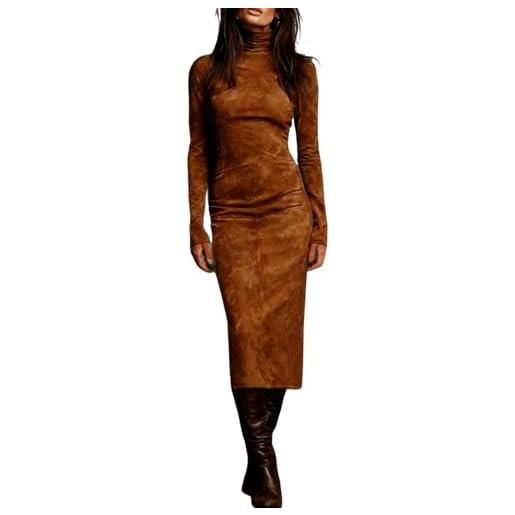 Generic abito da donna in camoscio a collo alto a maniche lunghe, aderente, stile vintage, per tempo libero, shopping