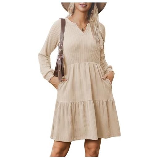 Zeagoo abito maglia donna manica lunga elegante scollo a v a-linea a coste con tasche vintage balze autunno inverno nero s