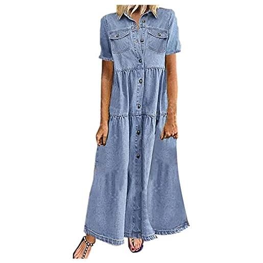 HAOLEI vestito di jeans donna lungo estivo denim abito scollo a v manica corta vestiti elegnati curvy maxi vestitino jeans casual abiti con tasche e bottone 2024 offerte di primavera