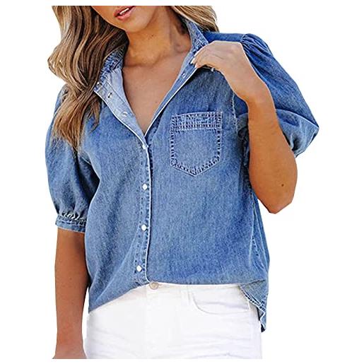 EODJXIO bluse e camicie da donna mezza manica camicia donna in denim con maniche corte a sbuffo e design moderno per un casual e femminile
