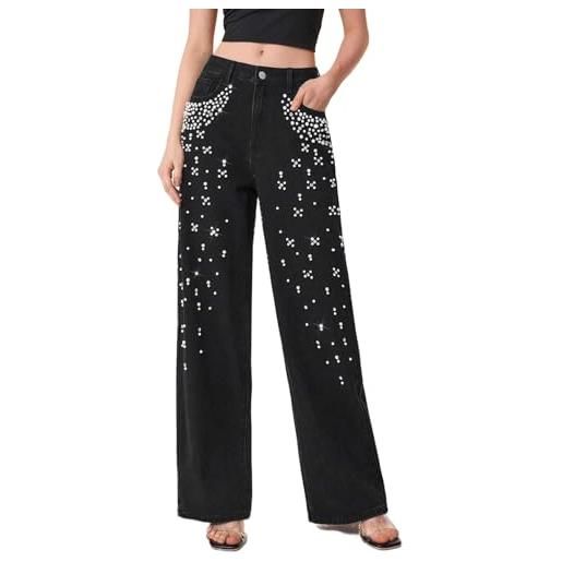 QUYBSGWJ pantaloni in denim a gamba dritta a vita alta decorati con perle e strass per donne