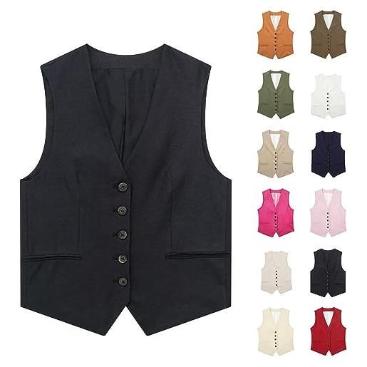Generic gilet da donna con scollo a v, in lino, con tasche, senza maniche, per business, elegante, in tinta unita, in cotone, casual