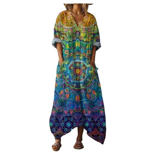 Mfhmom vestiti donna estivi taglie forti curvy abito lungo lino e cotone con tasche scollo v bohemien traspirante vestito estivo donna largo comodo abbigliamento primavera spiaggia