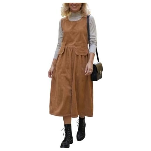 Goolecrimp abito scamiciato in velluto a coste senza maniche, ampio e alla moda primavera/autunno da donna, abito vintage artistico di media lunghezza con spacchi sull'orlo e tasche