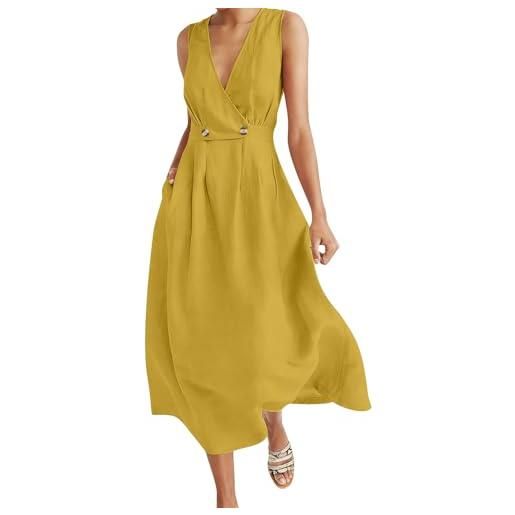VPQILH vestito donna estivo elegante scollo a v abito lungo senza manica vestiti vita alta vestitini in lino di cotone, leggera e ariosa abiti da vacanze spiaggia