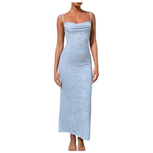 NUFIWI maxi abito da donna con spalline stampate floreali y2k low cut backless abito lungo estivo streetwear party club, blu senza schienale, s