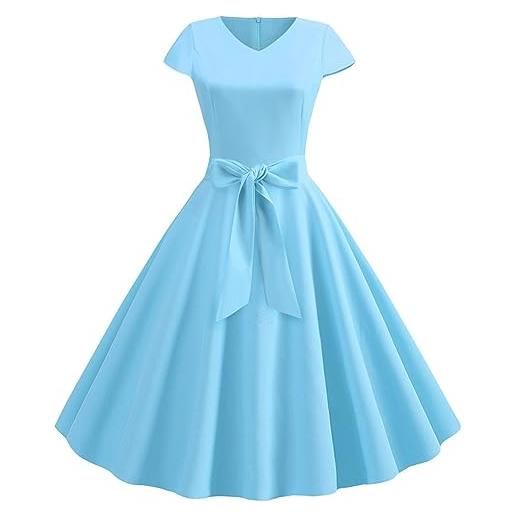 Generic smanicato vintage donna anni 50 e 60, stile audrey hepburn, da sera, per cocktail, matrimonio, festa, swing, party dress, una linea, rockabilly, a pois, azzurro, s