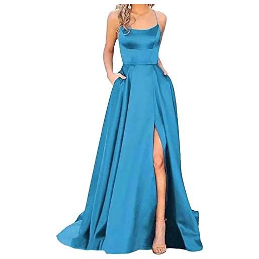 HAHAEMMA abito lungo da donna elegante con tasche in raso linea ad a abito da sera sexy con allacciatura al collo spaghetti abito da sposa abito da principessa abito da damigella d'onore