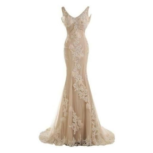 Generico abito da sposa senza maniche con scollo a v in tulle di pizzo con applicazioni a sirena champagne(22 plus)