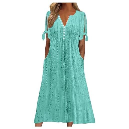 Generico abito estivo donna vestito in cotone e lino maniche corte elegante abiti mare casual morbido tinta unita abito con bottoni boho chic allentato leggeri vestiti taglie forti vacanze mare