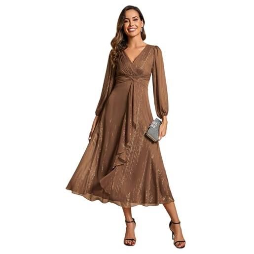Ever-Pretty vestito elegante donna cerimonia manica lunga collo a v gonna midi abito da sera ee01977