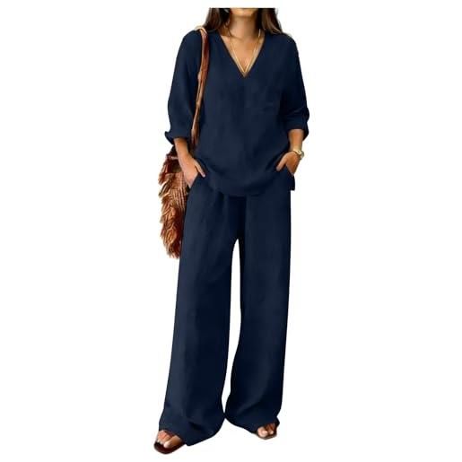 Generico completo di lino donna estivo 2 pezzi pantalone lungo estivo tuta elegante maniche 3/4 completo estiva curvy tute casual completi leggera comodi set mare spiaggia larghi drop shoulder