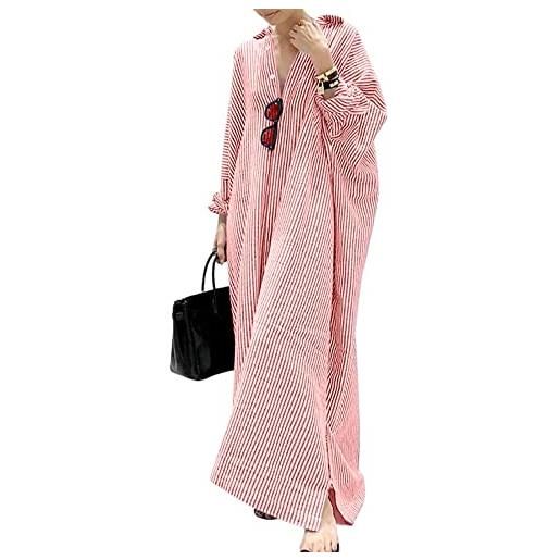 utcoco - maxi abito a camicia da donna a maniche lunghe, a righe, casual, con bottoni, in cotone, vestibilità ampia