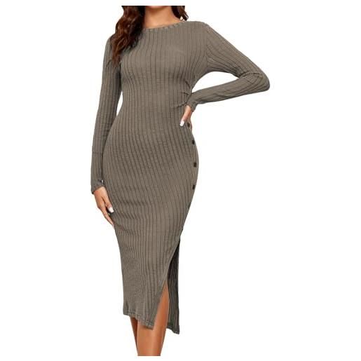 Famulily - abito lungo elegante da donna, in tinta unita, a maniche lunghe, con scollo tondo, in maglia a costine, con spacco laterale, casual, per feste e matrimoni s-xl, caff, m