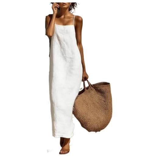 Generic abito lungo in cotone di lino con scollo quadrato senza maniche con spalline sottili abiti lunghi da donna casual sciolto boho resort wear