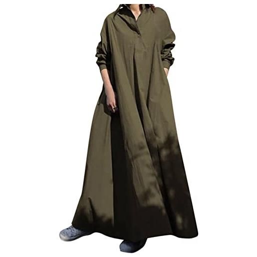 BOTCAM abito da donna in cotone a maniche lunghe, maxi abito in lino con tasche, scollo a v, con pieghe, a strati, stile boho, casual, retrò, caftano, largo, oversize, comodo