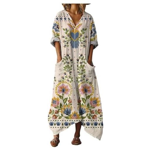 Gienslru abito lungo donna boho mare vestito estivi lunghi chic in lino effetto scollo a v maniche a 3/4 maxi vestiti con tasche e comodo kaftan per mare vacanza estate taglie forti curvy copricostume