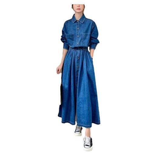 Suncadmious abito in denim elegante e alla moda da donna abito lungo ampio con spacco monopetto e tasche camicia in denim a maniche lunghe con risvolto abbottonato