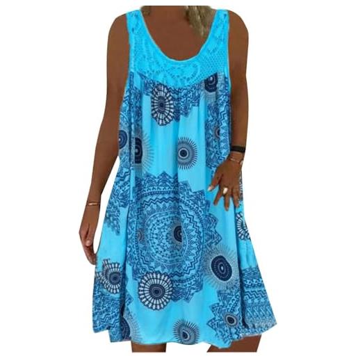 Generisch vestito estivo midi con stampa in pizzo senza maniche, a linea a, vestito da spiaggia con scollo rotondo, lunghezza al ginocchio, t-shirt da donna, azzurro, 3xl