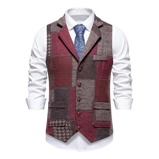 Generisch gilet da uomo retrò da cowboy, motivo a spina di pesce, patchwork a quadri, casual, a quadretti, in tweed, vino, l