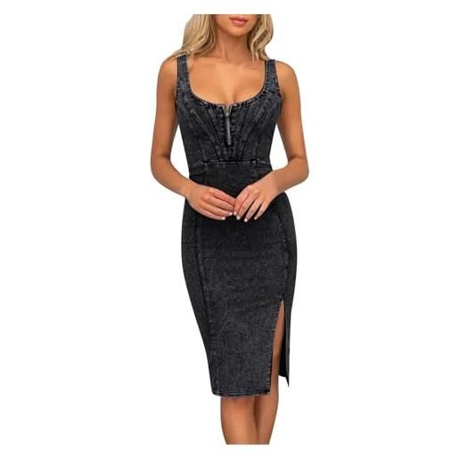 SDGR vestito in jeans da donna sexy con fessura senza maniche estate con scollo a u e scollo a u in denim midi abito a tracolla regolabile casual chic abito da sera per feste