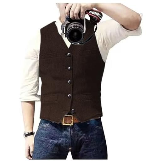 Solovedress gilet uomo casual in lana con motivo a spina di pesce, gilet da sposo in tweed con scollo a v per testimoni di nozze, caffè, s
