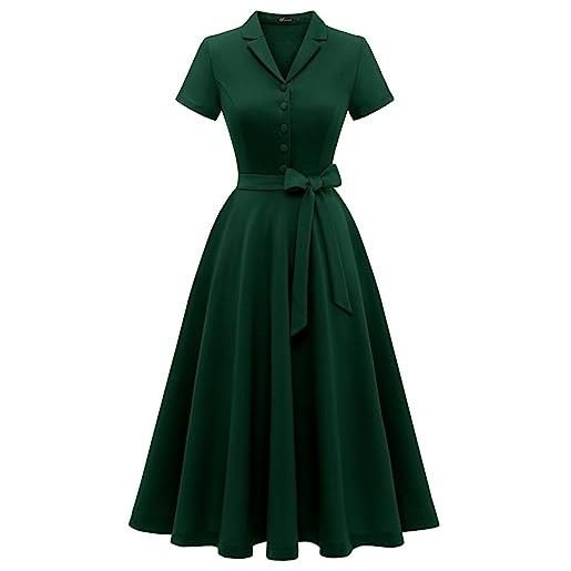 Wedtrend abito da cocktail vintage da donna, linea a midilang, con scollo a v, elegante, per il tempo libero, verde scuro, l
