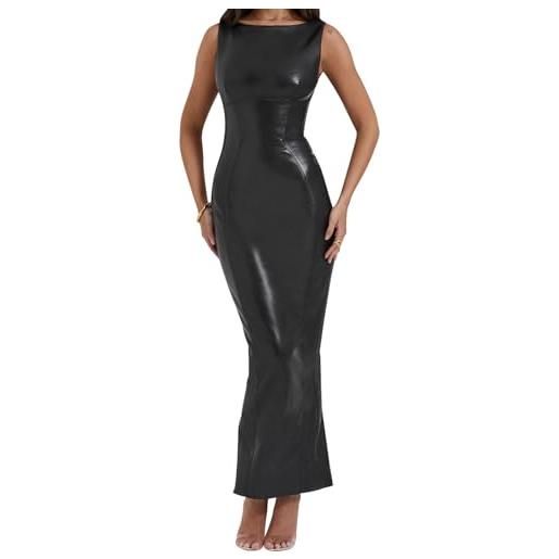 hibshaby maxi abito sexy da donna, in finta pelle, con scollo a barchetta, elegante abito lungo, nero, xl