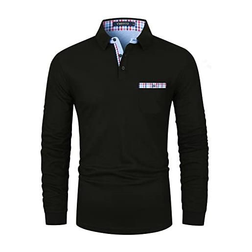 VMSUCIJ polo uomo manica lunga cotone con colletto bottoni sportive base polo golf maglie lunghe uomo l'autunno e l'inverno, a-nero, m