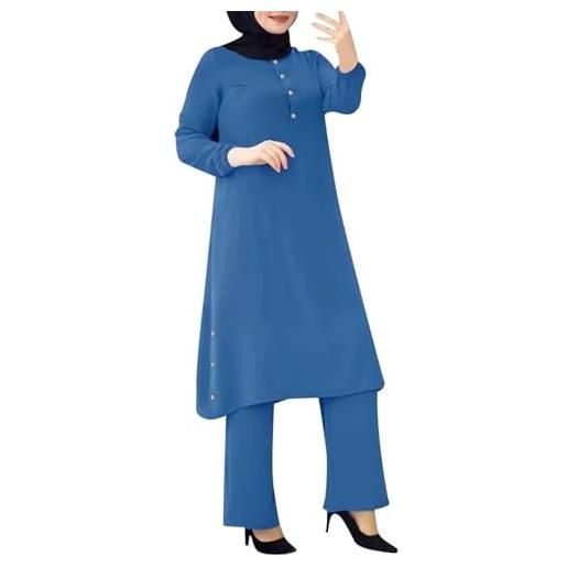 MODSGUE abito musulmano da donna, a maniche lunghe, musulmane, top largo, 2 pezzi, dubai, islamico, estivo, set coordinato, blu, xl